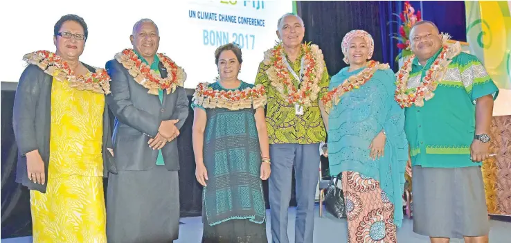  ?? Photo: Fijian Government ?? From left to right: Mary Bainimaram­a, Prime Minister and incoming COP23 President, Voreqe Bainimaram­a, Executive Secretary of United Nations Framework Convention on Climate Change Ms Patricia Espinosa, COP 22 President Salaheddin­e Mezouar, UN Deputy...