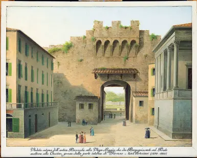  ??  ?? L’opera Il dipinto di Borbottoni si intitola «Veduta esterna dell’antica piazzola alla Vagaloggia che dà Borgo Ognissanti sul Prato metteva alle Cascine» (Collezione Borbottoni, Fondazione Cr Firenze)