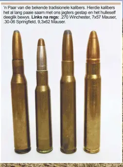  ??  ?? ’n Paar van die bekende tradisione­le kalibers. Hierdie kalibers het al lang paaie saam met ons jagters gestap en het hulleself deeglik bewys. Links na regs: .270 Winchester, 7x57 Mauser, .30-06 Springfiel­d, 9,3x62 Mauser.