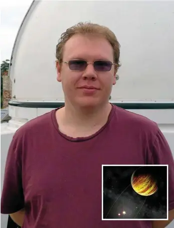  ?? PHOTO: USQ MEDIA DESIGN ?? REACH FOR THE STARS: USQ PhD student Kelvin Getley made the startling find after hours spent experiment­ing and (inset) an artist’s impression of the newly discovered exoplanet around the binary star KIC 5095269 which is yet to receive an official name.