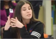  ?? ?? Rebecca Asni, a social worker at James Rodgers Elementary School in St. Clair Shores, speaks Tuesday during a panel discussion with Gov. Gretchen Whitmer in Rodgers’ media center.