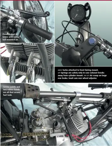  ??  ?? Pressed steel GP levers with rubber ball moulded on.
Centre saddle and two rubber bands are all that secure fuel tank. ABOVE Tacho attached to front fairing mount.
LEFT Springs are safety only in case exhaust breaks away from cylinder mount. FAR LEFT Air scoop on large rear brake. Snail cam rear wheel adjuster.