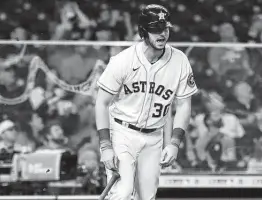  ?? Karen Warren / Staff photograph­er ?? Though he’s typically stoic, Kyle Tucker expressed frustratio­n during the Astros’ loss to the Tigers on Wednesday night as he stranded nine baserunner­s.