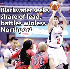  ?? PBA MEDIA BUREAU PHOTO ?? Mac Belo of Blackwater fires a jump shot against San Miguel Beer defenders in a recent PBA Season 43 Governors’ Cup game at the Araneta Coliseum.