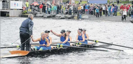  ?? JOE GIBBONS/THE TELEGRAM ?? Coxswain Danny Harte and his First General crew won the VOCM Female Commercial race (Race #9) on Regatta Day morning at Quidi Vid Lake. Crew members are (from left) coxswain Danny Harte, stroke oar Michelle Murphy, No.5 oar Angela Skinner, No. 4 oar...