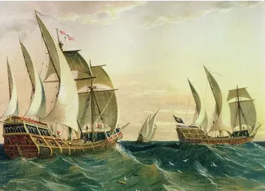  ??  ?? Columbus’s fleet of ships – the Pinta, Niña and Santa Maria – on his fateful voyage of 1492, as depicted in a 19th-century illustrati­on