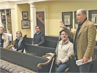  ?? BY LUKE CHRISTOPHE­R ?? Jim Abdo, who owns the White Moose Inn, as well as several vacant properties, addresses Monday’s Washington Town Council meeting.