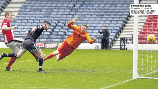  ??  ?? Back in the game Aidan Keena swoops in to give Queen’s Park hope PICTURES: IAIN CAIRNS