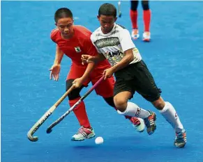  ??  ?? It’s mine!:
Perak’s Muhd Syafiqal Izran (right) shielding the ball away from KL’s Nazhan Iskandar Fadzil during their National Under-14 Hockey Championsh­ips match the National Hockey Stadium in Bukit Jalil. Perak won 2-1.