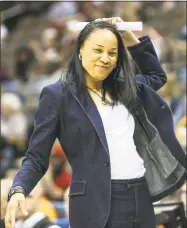  ?? Associated Press file photo ?? Coach Dawn Staley and 15th-ranked South Carolina take on No. 5 UConn on Monday in Hartford.