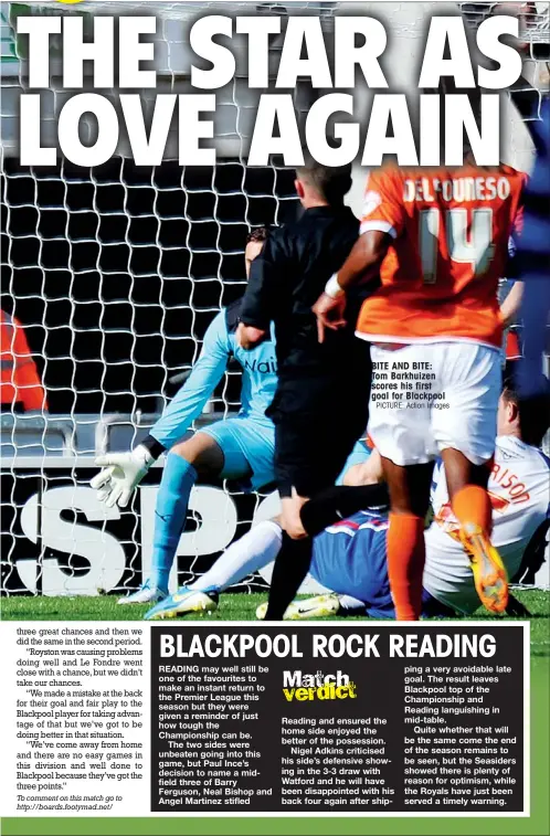  ?? PICTURE: Action Images ?? BITE AND BITE: Tom Barkhuizen scores his first goal for Blackpool