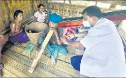  ?? ANI ?? A Reang (Bru) woman receives the first dose of the vaccine against Covid-19, in Agartala.