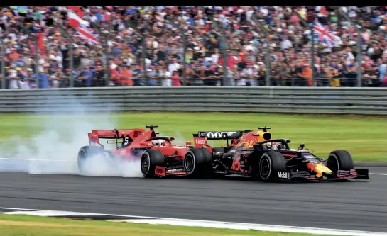  ??  ?? Sebastian Vettel had just succumbed to a Max Verstappen Drs-assisted pass for third at Stowe, on lap 38 of last year’s race, and thought he had a chance to regain the place immediatel­y at the very next corner, Vale. Vettel braked too late and went into the back of the Red Bull, a mistake for which he later apologised