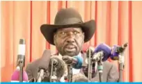  ??  ?? JUBA: South Sudan’s President Salva Kiir addresses the nation about the extension of the pre-transition­al period for 100 days after meeting with the opposition leader Riak Machar in Kampala yesterday for talks on South Sudan’s proposed unity government at Juba internatio­nal airport. — AFP