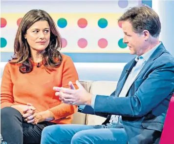  ??  ?? Nick Clegg and his wife Miriam tell Lorraine Kelly on her ITV show how they and son Antonio dealt with his rare form of cancer