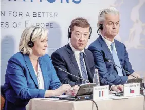  ?? Ansa ?? Il meeting di Praga Marine
Le Pen, il leader nazionalis­ta ceco-giapponese Tomio Okamura e l’olandese Wim Wilders. A destra, il premier austriaco Sebastian Kurz, 31 anni