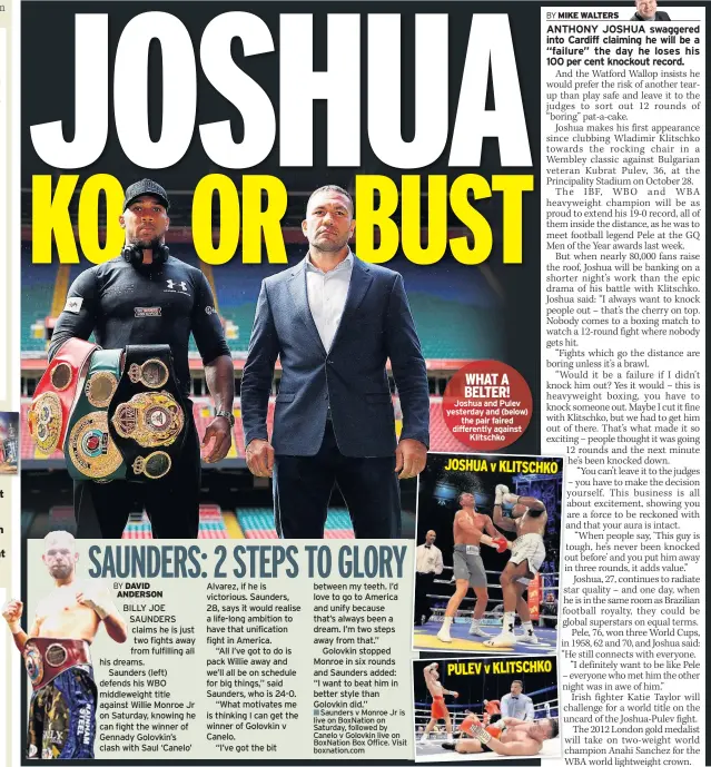  ??  ?? WHAT A BELTER! Joshua and Pulev yesterday and (below) the pair faired differentl­y against Klitschko
JOSHUA v KLITSCHKO PULEV v KLITSCHKO