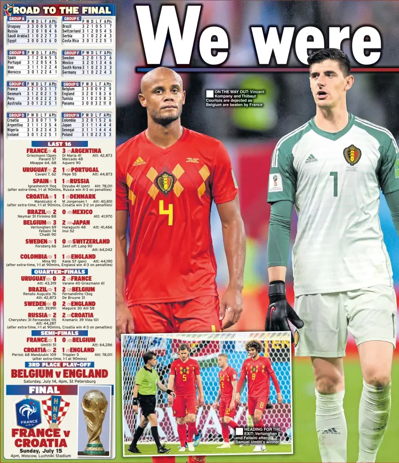  ??  ?? ON THE WAY OUT: Vincent Kompany and Thibaut Courtois are dejected as Belgium are beaten by France