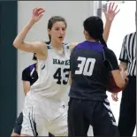  ?? MIKE BUSH/NEWS-SENTINEL ?? Liberty Ranch forward Ashley Kirbyson (43) gets in front of Franklin’s Caitlin Barton (30) on Dec. 16.