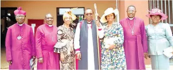  ?? PHOTO: ISAAC TAIWO ?? Prof. of New Testament Studies, University of Ibadan, Rt. Rev. Olubayo Obijole ( left), Bishop, Diocese of Kabba ( Anglican Communion); Rt. Rev. Steven Akobe, his wife, Deborah; Bishop of Ife, Rt. Rev. Olubunmi Akinlade; his wife, Nkechi; Bishop of Oke- Osun, Rt. Rev. Oluwagbemi­ro Fabuluje; his wife, Lydia, during the first session of the 11th Synod of the Diocese of Ife, Osun State... yesterday.