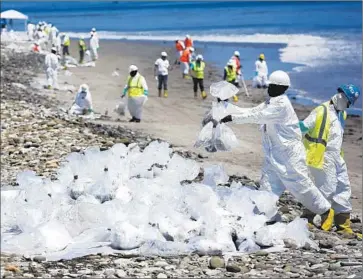  ?? Mel Melcon
Los Angeles Times ?? FEDERAL REGULATORS found inconsiste­ncies in inspection reports by Plains. About 21,000 gallons of oil spilled into the Pacific near Refugio State Beach when one of its pipeline broke, sparking a massive cleanup.