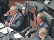  ??  ?? Los senadores del PRI Miguel Romo, Raúl Aarón Pozos Lanz, Emilio Gamboa y Enrique Burgos, durante un receso en la Cámara Alta
