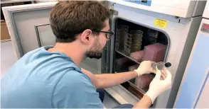  ??  ?? Un chercheur manipule une fiole à l’hôpital Johns-Hopkins de Baltimore, aux Etats-Unis