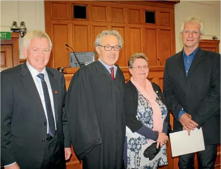  ?? PHOTO: JENNIFER EDER/FAIRFAX NZ ?? Jeremy Cooper Judge Tony Zohrab, centre left, swears in new Justices of the Peace, from left, Mayor John Leggett, Robyn Anderson and Jeremy Cooper, at the Blenheim District Court.