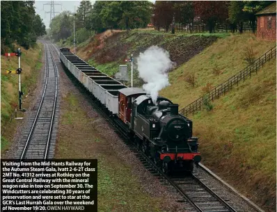  ?? OWEN HAYWARD ?? Visiting from the Mid-Hants Railway for the Autumn Steam Gala, Ivatt 2-6-2T class 2MT No. 41312 arrives at Rothley on the Great Central Railway with the mineral wagon rake in tow on September 30. The Windcutter­s are celebratin­g 30 years of preservati­on and were set to star at the GCR’s Last Hurrah Gala over the weekend of November 19/20.