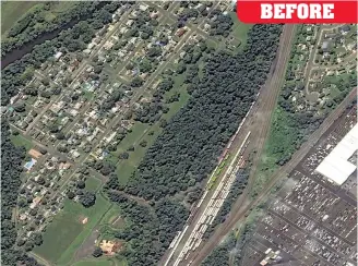  ??  ?? WASHED OUT: Before-and-after photos show views of catastroph­ic flooding in Manville, NJ, (above left and right) and at the Bethesda Fountain in Manhattan’s Central Park (center and lower right).