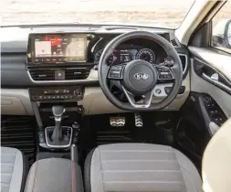  ??  ?? Top: Creta cabin is more convention­al with the hooded instrument binnacle. Above: Seltos gets a rectangula­r dash that integrates the touchscree­n. Both get flat-bottom ’wheels