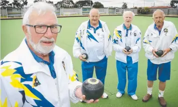  ?? Picture: ALISON WYND ?? Norlane Bowls Club president Jim Hunter, left, with fellow life members Laurie Cockerell, Clive Mitchell and Hans Marienberg.