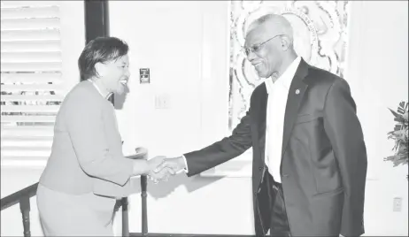  ??  ?? Baroness Patricia Scotland paid a courtesy call on President David Granger in May 2018. (File Photo)