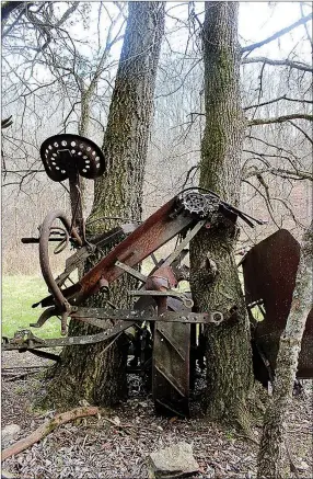  ?? MEGAN DAVIS MCDONALD COUNTY PRESS ?? Two trees have grown through an antique tractor along the east half of the trail’s loop. The equipment remains nearly completely intact.