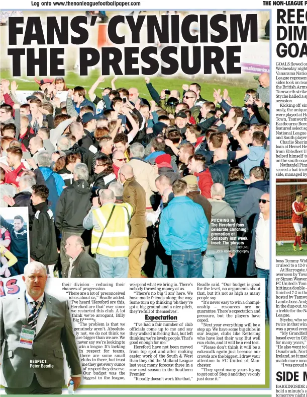  ?? PICTURE: John Rose Photograph­y ?? RESPECT: Peter Beadle PITCHING IN: The Hereford fans celebrate clinching promotion at Salisbury last week. Inset: The players