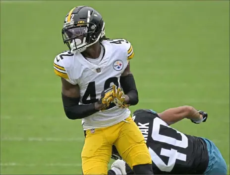  ?? Associated Press ?? Steelers cornerback James Pierre (42) has shown enough in camp to be in real contention for the third cornerback position.