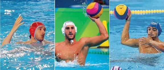  ?? (foto LaPresse, Reuters, Afp) ?? In vasca Da sinistra, i pallanuoti­sti della Nazionale italiana Marco Del Lungo (27 anni), Valentino Gallo (31 anni) e Alessandro Velotto (22 anni) in piscina