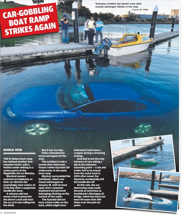  ?? Picture: JAY TOWN ?? Yesterday’s incident and (insets) some other recently submerged vehicles at the ramp.