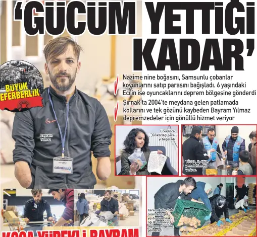  ?? ?? Erva Koca, biriktirdi­ği para
yı bağışladı.
Kerem Aydın, bah çesinden topla yıp depoya bırak tığı 80 ton kiviyi, deprem bölgesine gönderildi.
TÜGVA, üç öğün yemek hizmeti veriyor.