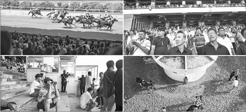  ??  ?? (Clockwise from top left) This photo taken on Dec 11, 2016 shows a horse race at a racecourse in Bangkok. • A crowd of racegoers watching horses compete at a racecourse in Bangkok. • Dec 11, 2016 shows jockeys warming up their horses before competing...