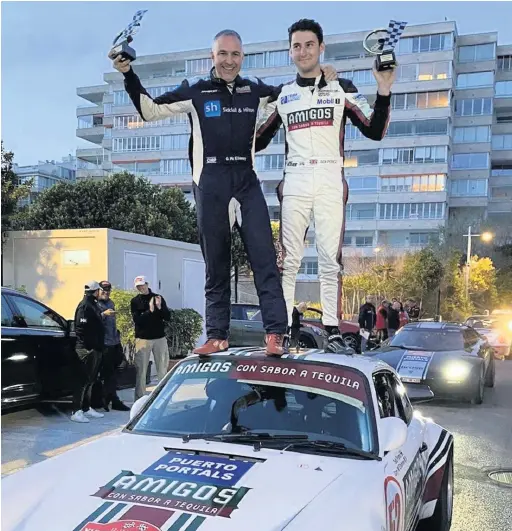  ?? Rallyislam­allorca.com ?? Seb Perez, right, and Gary McElhinney celebrate at the Classic Rally Isla de Mallorca 2020