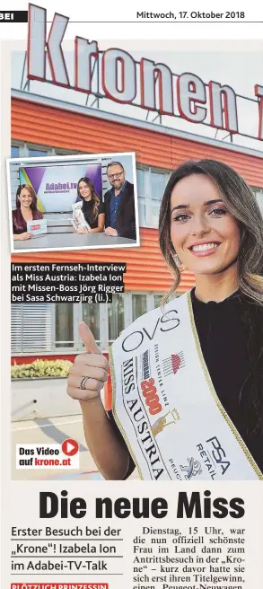  ??  ?? Im ersten Fernseh- Interview als Miss Austria: Izabela Ion mit Missen- Boss Jörg Rigger bei Sasa Schwarzjir­g ( li.).