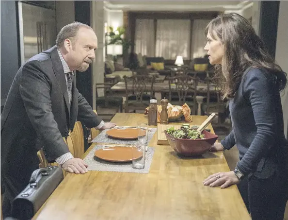  ?? JEFF NEUMANN/SHOWTIME ?? Paul Giamatti portrays Chuck Rhoades and Maggie Siff is Wendy Rhoades in a scene from the series Billions. Season 2 of the drama kicks off Sunday night.