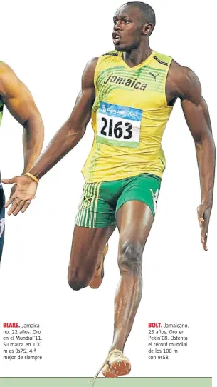  ??  ?? Jamaicano. 25 años. Oro en Pekín’08. Ostenta el récord mundial de los 100 m con 9s58