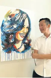  ?? CONTRIBUTE­D PHOTOS ?? Phillip Fung smiles at his ‘Kamala’ portrait of United States Vice-President-elect Kamala Harris.