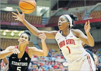  ?? [BARBARA J. PERENIC/DISPATCH] ?? Stephanie Mavunga gets to a rebound before Kaylee Johnson of Stanford. Mavunga grabbed 26 rebounds and scored 17 points in Ohio State’s win.