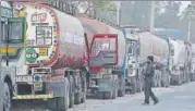  ?? RAJ K RAJ/HT PHOTO ?? Oil trucks at Tikri border in New Delhi on Thursday.