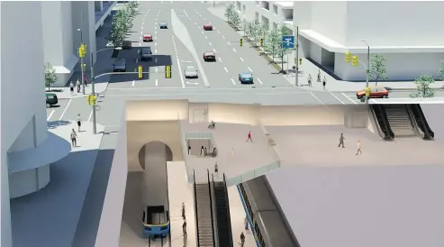  ??  ?? Artist’s concept of a new subway station under Broadway at Oak, from a study on the proposed SkyTrain extension.