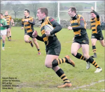  ??  ?? Calum Dacey in action for Hinckley RFC at the weekend. Picture: Steve Wells