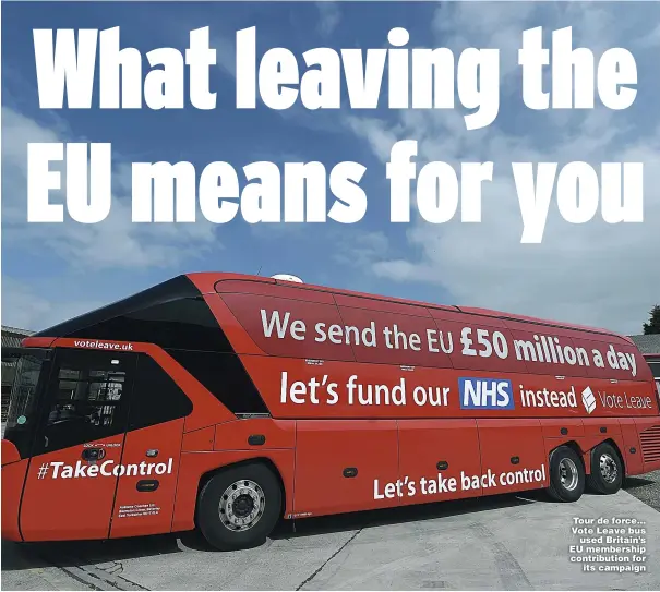  ?? Pictures: KEN LENNOX; GETTY; REUTERS; REX; ANDREW PARSONS / NO10 DOWNING STREET ?? Tour de force... Vote Leave bus used Britain’s EU membership contributi­on for its campaign